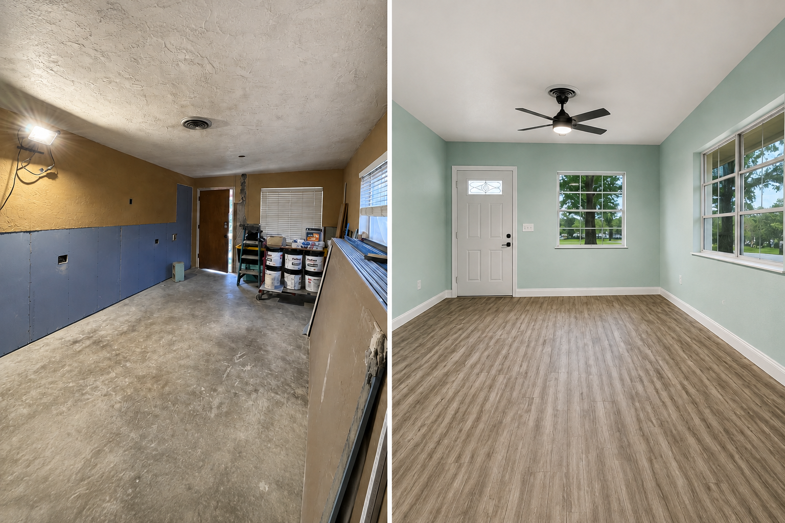 Actual living room drywall and texture restoration before and after.