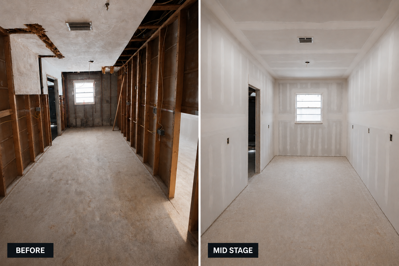 Actual kitchen renovation before and during drywall finishing.
